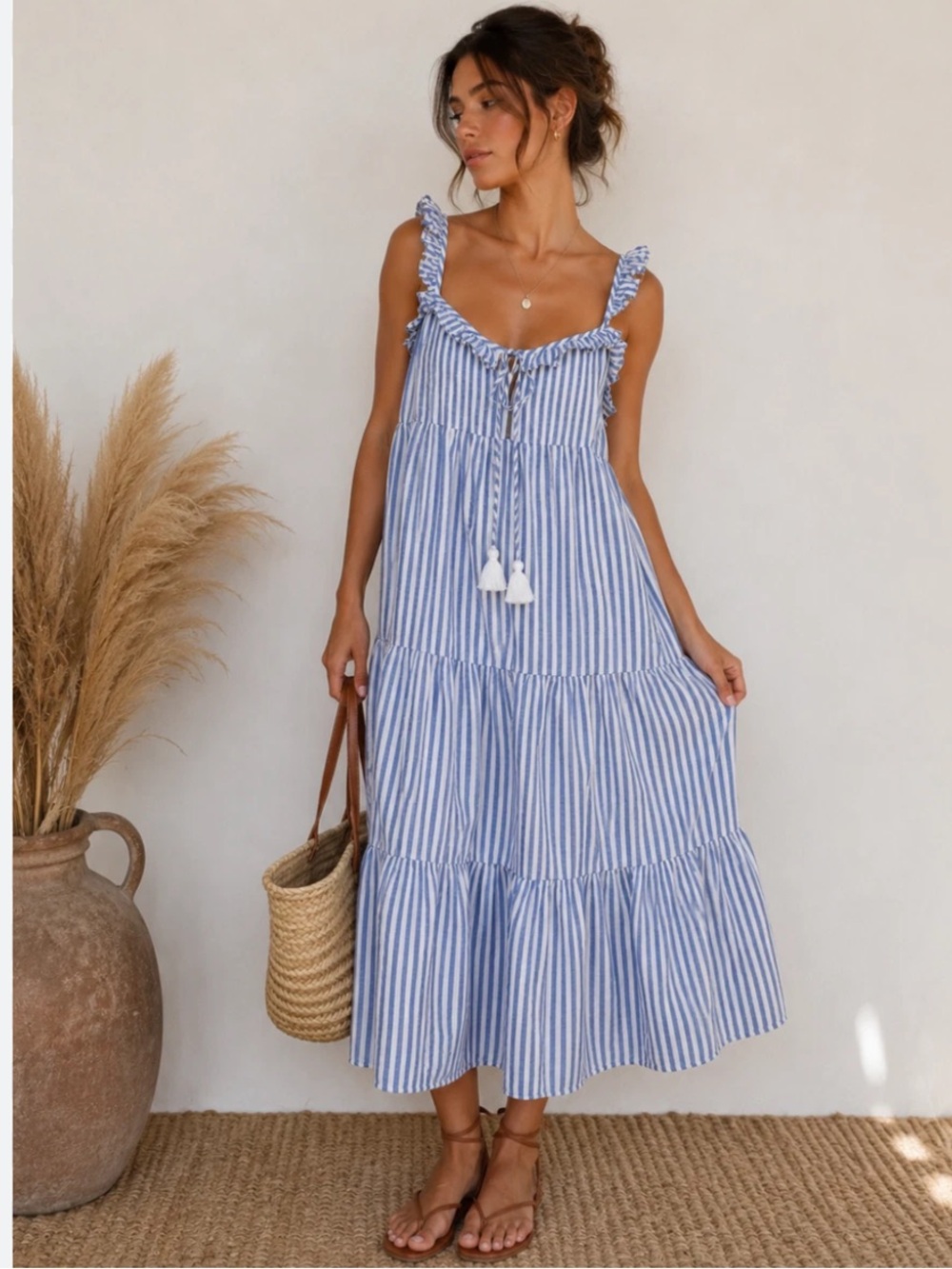 NWOT J. Crew Blue and White Striped Ruffle Strap Maxi Dress
